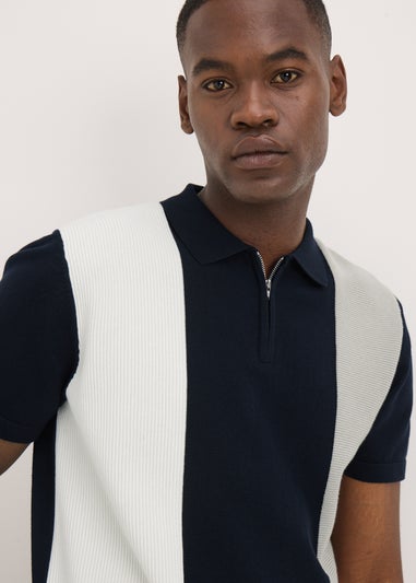 Navy Stripe Textured Zip Polo Shirt