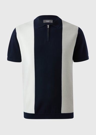 Navy Stripe Textured Zip Polo Shirt