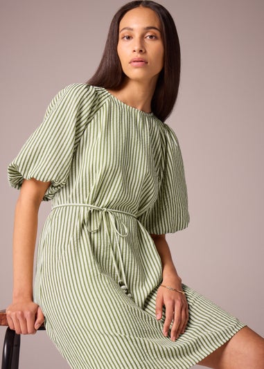 Et Vous Green Stripe Belted Puff Sleeve Mini Dress