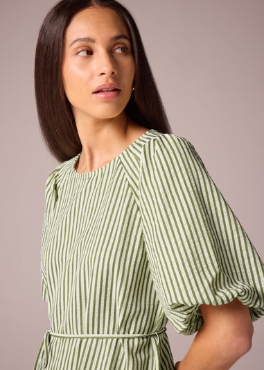 Et Vous Green Stripe Belted Puff Sleeve Mini Dress