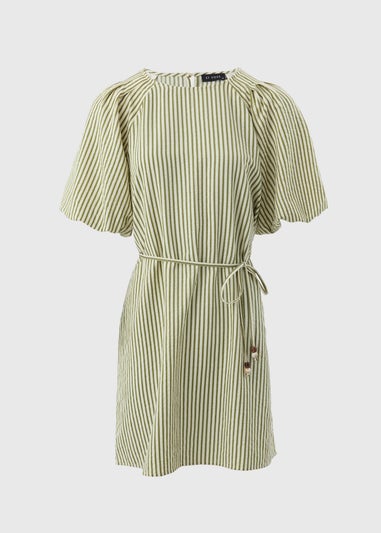 Et Vous Green Stripe Belted Puff Sleeve Mini Dress