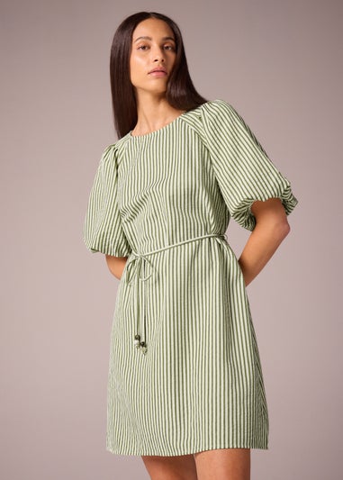Et Vous Green Stripe Belted Puff Sleeve Mini Dress