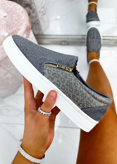 Love Lemonade Grey Crystal Suede Zip Pumps