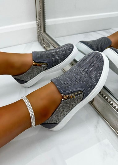 Love Lemonade Grey Crystal Suede Zip Pumps