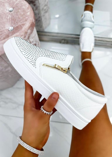 Love Lemonade White Crystal Suede Zip Pumps Trainers