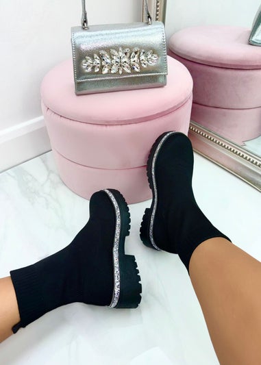 Love Lemonade Black Sparkly Stretch Chunky Sock Boots