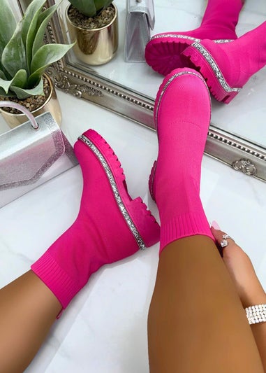 Love Lemonade Hot Pink Sparkly Stretch Chunky Sock Ankle Boots