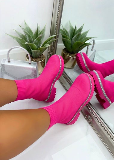 Love Lemonade Hot Pink Sparkly Stretch Chunky Sock Ankle Boots