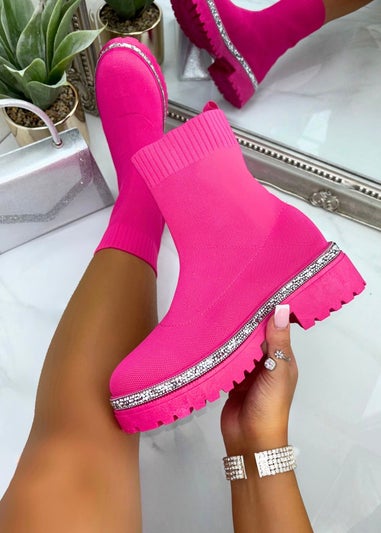 Love Lemonade Hot Pink Sparkly Stretch Chunky Sock Ankle Boots