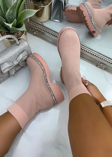 Love Lemonade Pale Pink Sparkly Stretch Chunky Sock Boots