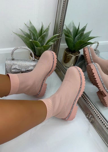 Love Lemonade Pale Pink Sparkly Stretch Chunky Sock Boots