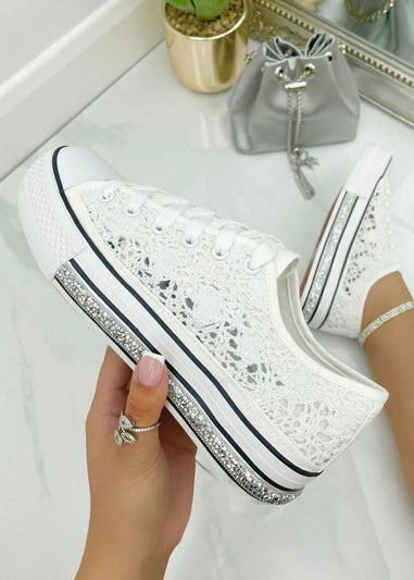 Love Lemonade White Crystal Trim Crochet Trainers