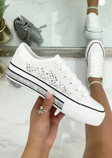 Love Lemonade White Crystal Trim Crochet Trainers