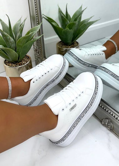 Love Lemonade White Sparkly Wedge Trim Trainers