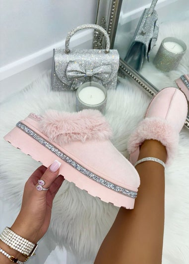 Love Lemonade Pink Crystal Trim Snugg Platform Strap Slippers