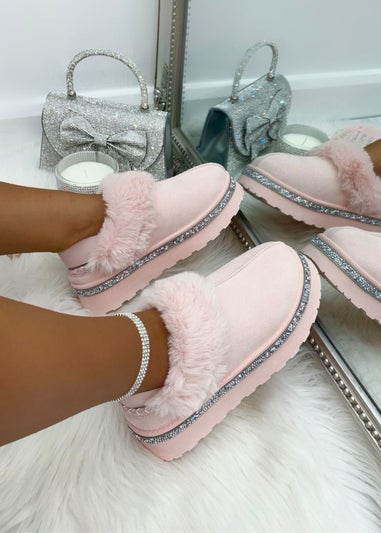 Love Lemonade Pink Crystal Trim Snugg Platform Strap Slippers