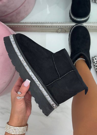 Love Lemonade Black Crystal Trim Platform Snugg Boots