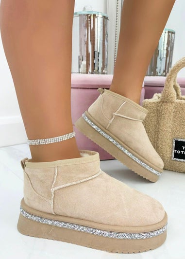 Love Lemonade Beige Crystal Trim Platform Snugg Boots