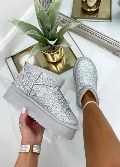 Love Lemonade Silver Sparkly Glitter Snugg Platform Boots