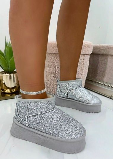 Love Lemonade Silver Sparkly Glitter Snugg Platform Boots