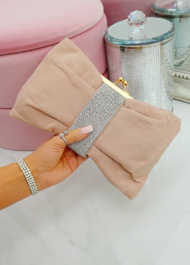 Love Lemonade Nude Crystal Detail Suede Bow Clutch Bag