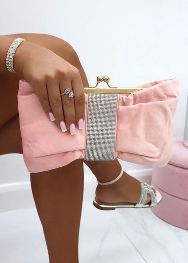 Love Lemonade Pale Pink Crystal Detail Suede Bow Clutch Bag