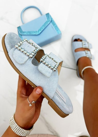 Love Lemonade Blue Crystal Boho Suede Double Buckle Sliders