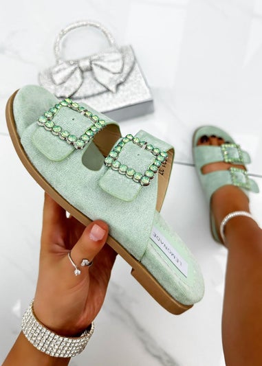 Love Lemonade Sage Green Crystal Boho Suede Double Buckle Sliders