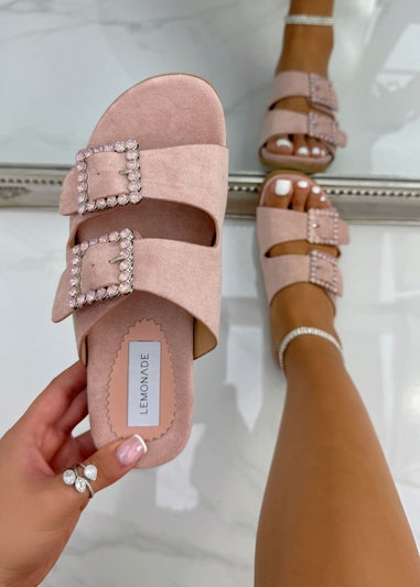 Love Lemonade Pink Crystal Boho Suede Double Buckle Sliders