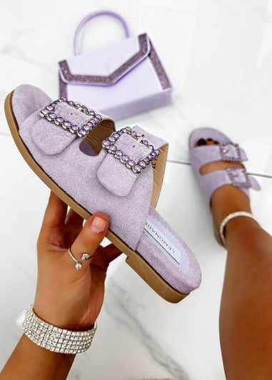 Love Lemonade Lilac Crystal Boho Suede Buckle Sliders