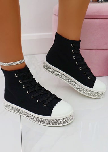 Love Lemonade Black Crystal Canvas High Top Trainers