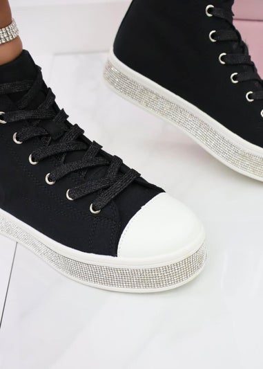 Love Lemonade Black Crystal Canvas High Top Trainers