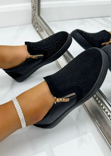 Love Lemonade Black Crystal Suede Zip Pumps