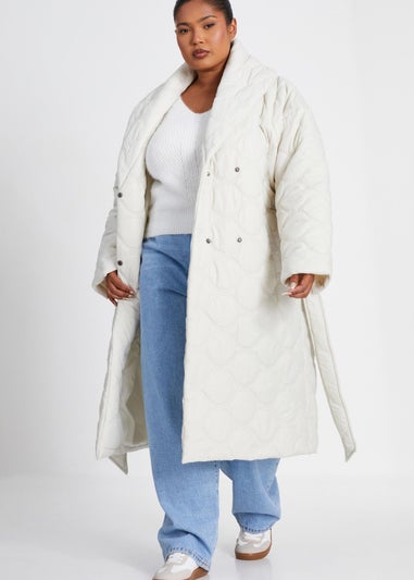 Quiz Cream Curve Quilted Wrap Coat