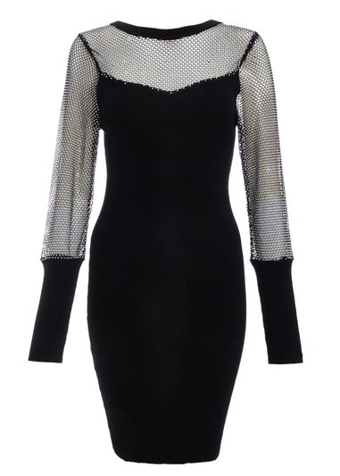 Quiz Black Knitted Mesh Sleeve Dress