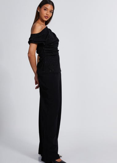 Quiz Black Glitter Drape Neck Top