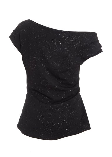 Quiz Black Glitter Drape Neck Top