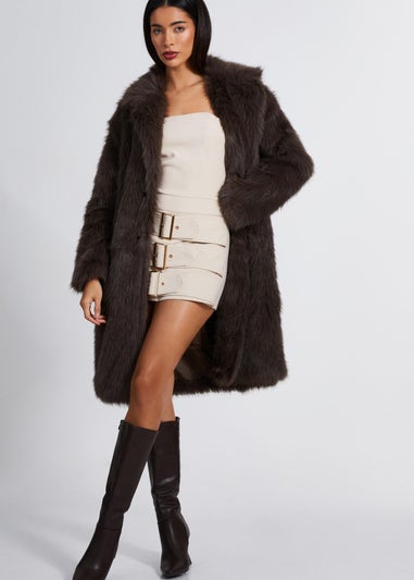 Quiz Brown Faux Fur Long Coat