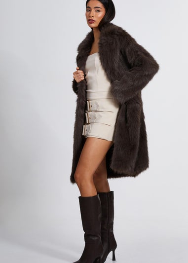 Quiz Brown Faux Fur Long Coat