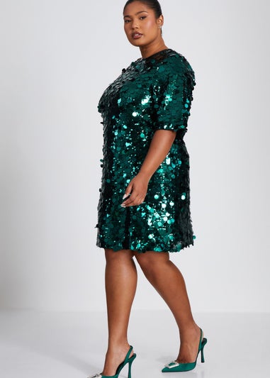 Quiz Green Curve Sequin Boxy Tunic Dress