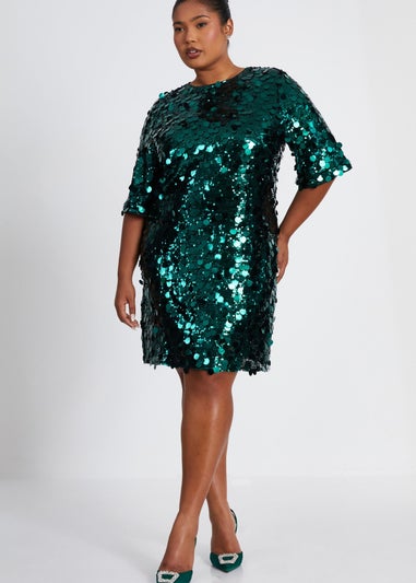 Quiz Green Curve Sequin Boxy Tunic Dress