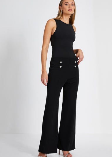 Quiz Black Diamante Button Palazzo Trousers