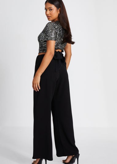 Quiz Black Petite Diamante Button Palazzo Trousers