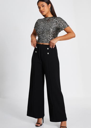 Quiz Black Petite Diamante Button Palazzo Trousers