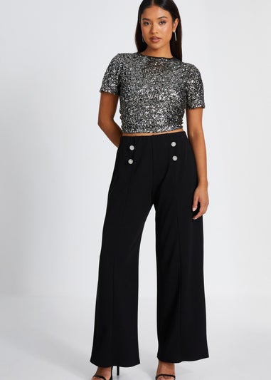 Quiz Black Petite Diamante Button Palazzo Trousers