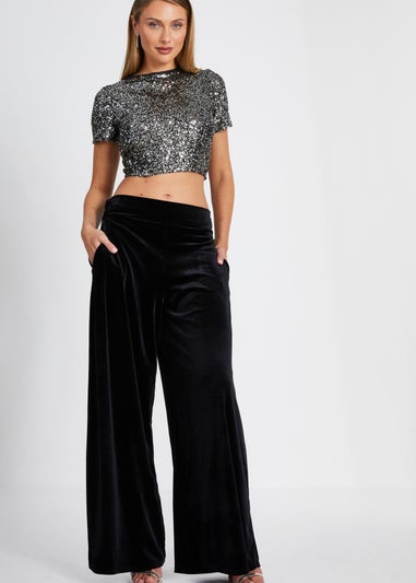 Quiz Black Wide Leg Velvet Trouser