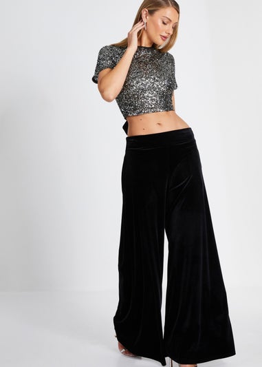 Quiz Black Wide Leg Velvet Trouser