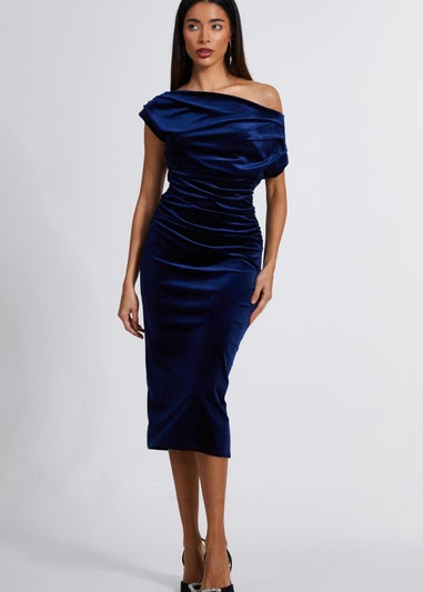 Quiz Navy Velvet One Shoulder Midaxi Dress