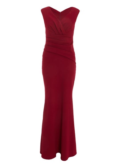 Quiz Burgundy Bardot Pleated Maxi Dress