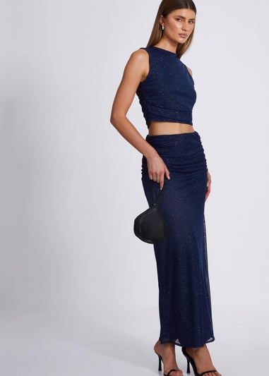 Quiz Navy Glitter Mesh Midaxi Skirt